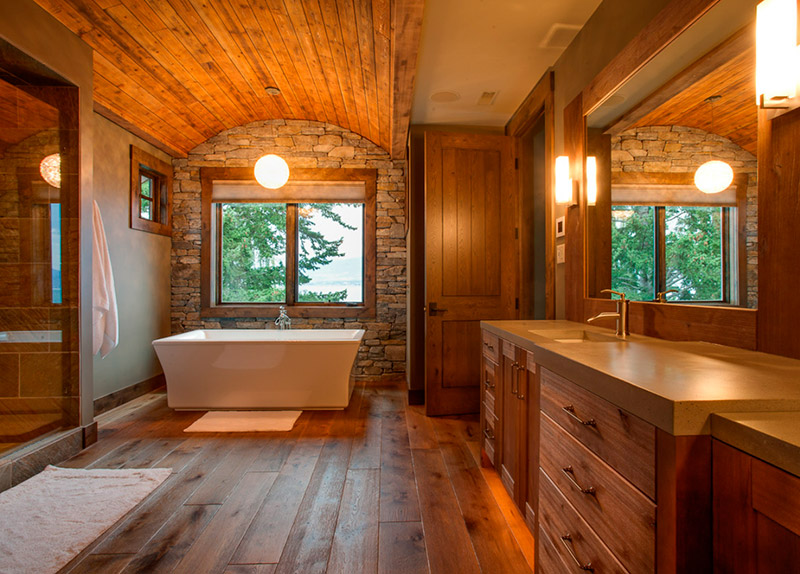 Дизайн в ванной в деревянно-каменном стиле